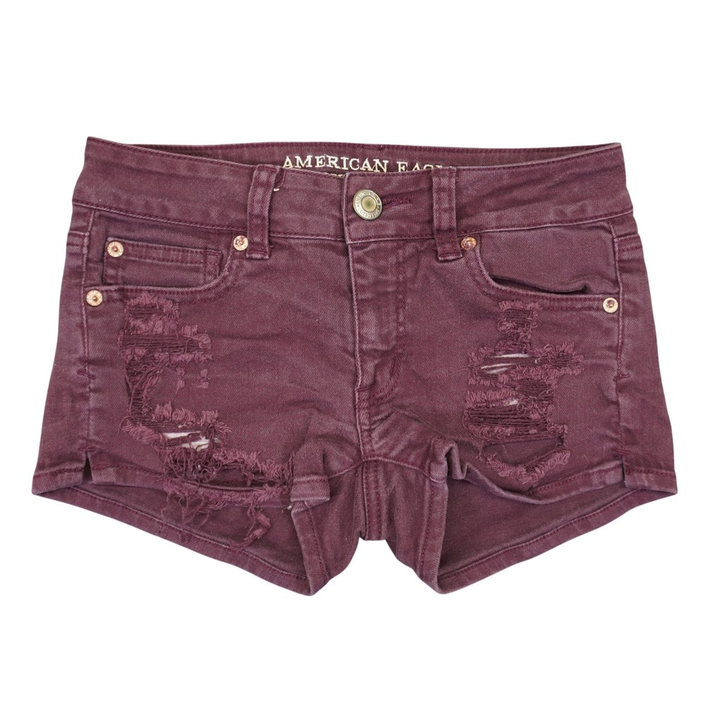 American Eagle Shortie Jean Shorts Womens 0 Burgundy Distressed Stretch Denim